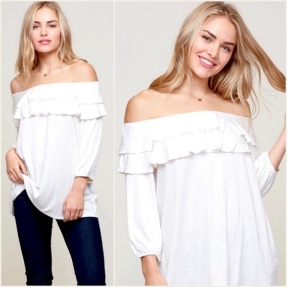 New Women's White Off The Shoulder Top With Two Tier Ruffles - Picture 1 of 2